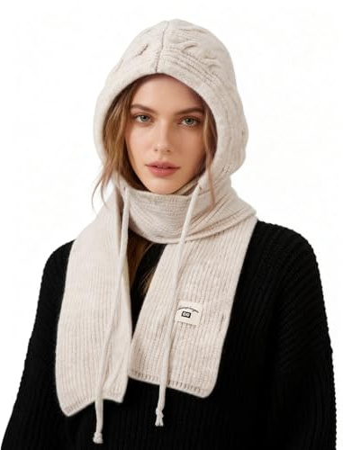 TAGVO Chaud Bonnet d'hiver et Écharpe 2 en 1, Réglable Cagoule Hiver avec Protège-Cou Coupe-Vent Chapeau Tricoté avec Écharpe à Capuche, Élastique Cagoule Pull-Over en Une Pièce Unisexe