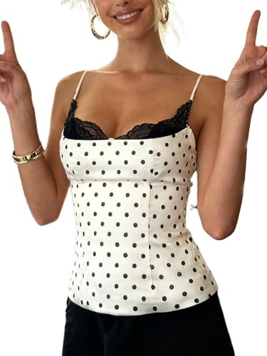 Springcmy Women Polka Dot Y2K Cami Top Sexy Lace Trim Scoop Neck Spaghetti Strap Tank Top Fairy Backless Dot Going Out Camisole (A White, S)