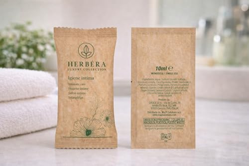 HERBERA Sapone Intimo in Bustina Monouso Gel Confezione 100 Pezzi,in sacchetto Carta BIO Monodose da 10 ml per Hotel B&B Casa Vacanze