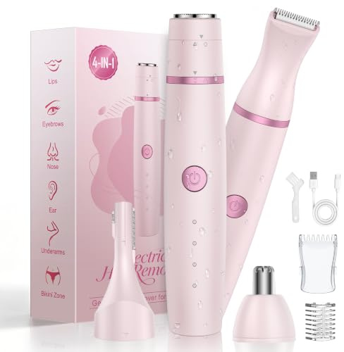 Facial Hair Remover for Women,4-in-1 Bikini Trimmer Women,USB C Mini Lady Shavers with 4-Level Battery Indicator (25%, 50%, 75%, 100%) Eyebrow Razor,Nose Trimmer,for Face Nose/Ear Body,Pink