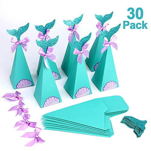 HOWAF 30 Pack Mermaid Party Boxes for Kids Girl Party Supplies Decorations Favour Mermaid Party Birthday Baby Shower, with Mermaids Boxes Tails Bows Stickers Glue Dots, Filling Gifts Candy Toys