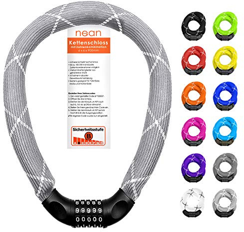 nean Fahrradschloss mit Zahlen, Kettenschloss hohe Sicherheitsstufe, Fahrrad Schloss Zahlenschloss mit Code, Kette aus gehärtetem Stahl, extrem robuste Gewebeummantelung, silber, 6 x 6 mm x 900 mm