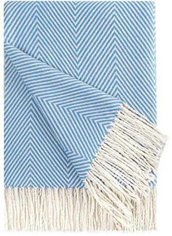 PiccoCasa Decorative Throw Blanket with Fringes in Herringbone Design, Farmhouse Outdoor Faux Cashmere Throws for Sofa, Chair, Bed Knitted Decorative Blanket 130x170cm/ 51x61 Blue