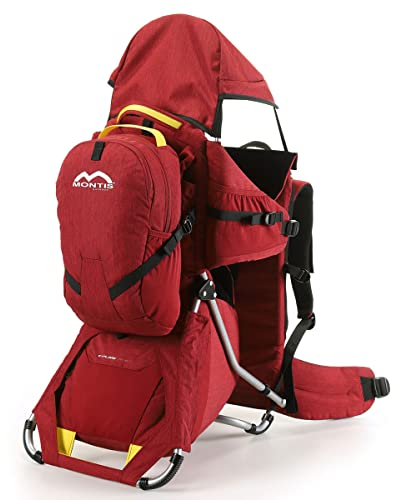 MONTIS EXPLORE NEXUS Kraxe Kindertrage bis 25kg Kinder-Gewicht mit vielen Extras - Premiummodell - geringes Eigengewicht, passend für beide Elternteile, besserer Komfort mit Wirbelstütze, ROT