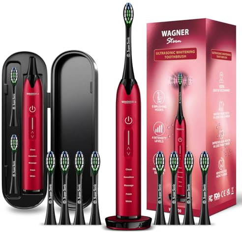 Spazzolino sbiancante ad ultrasuoni Wagner & Stern con sensore di pressione, 5 modalità di spazzolatura, 4 livelli di intensità. 8 testine morbide, custodia da viaggio premium.
