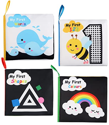 LEADSTAR Schwarz Weiß Buch Baby, 4 Stück Stoffbuch Kontrastbuch Baby Babybuch Babybücher ab 0 Monate, Knisterbuch Bilderbuch Stofftuchbücher Badebuch Spielzeug Entdeckungsbuch mit Raschelpapier
