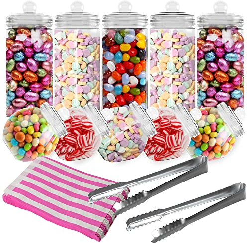 HEFTMAN Contenitori Per Confettata in Plastica Retrò - Set di 10 Contenitore Caramelle con Coperchio, Kit per Dolci per Feste con 2 Pinze e 50 Sacchetti di Carta Rosa a Strisce di Caramelle