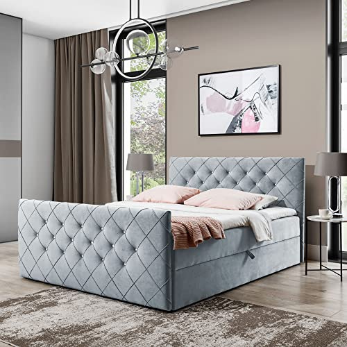 Boxspringbett Doppelbett MONAKO - Bett mit Bonellmatratze, mit Bettkasten für Bettwäsche und Topper. Gepolstertes Kopfteil und Fussteil mit Einer eleganten Steppung verziert (Hell grau, 200x200)
