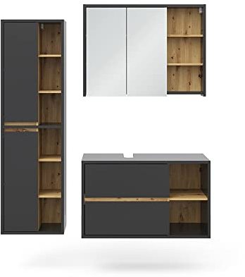 Vicco Badmöbel-Set Anthrazit Viola, bestehend aus Bad Spiegelschrank, Waschbeckenunterschrank, Hochschrank - Mehr Stauraum ohne Bodenfläche zu nutzen