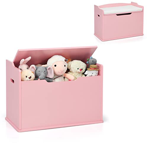 Maxmass Wooden Kids Toy Box, 2-in-1 Children Storage Chest with Cushion, Lid and Safety Hinges, Toddlers Organizer Cabinet Bench for Living Room, Bedroom, Playroom (Pink)