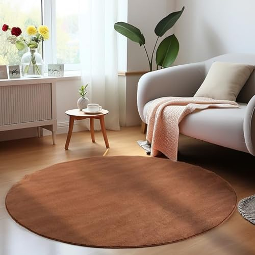 HomebyHome Kurzflor Teppich Wohnzimmer 160 cm Rund Braun - Waschbarer Teppich für Schlafzimmer, Esszimmer und Ideal als Küchenteppich - Flauschiger Teppich Extra Weich, Einfarbig, rutschfest, Modern