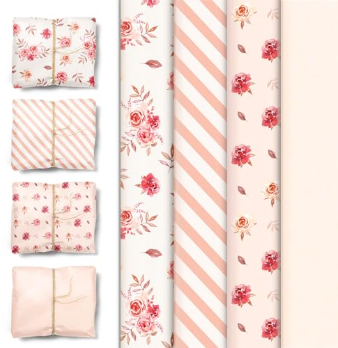 NICROLANDEE Roségold Seidenpapier Geschenkpapier Valentinstag, 24 Blatt Vintage Blume Boho Seidenpapier für Geburtstage Hochzeiten Neujahrsparty, 50 x 38 cm