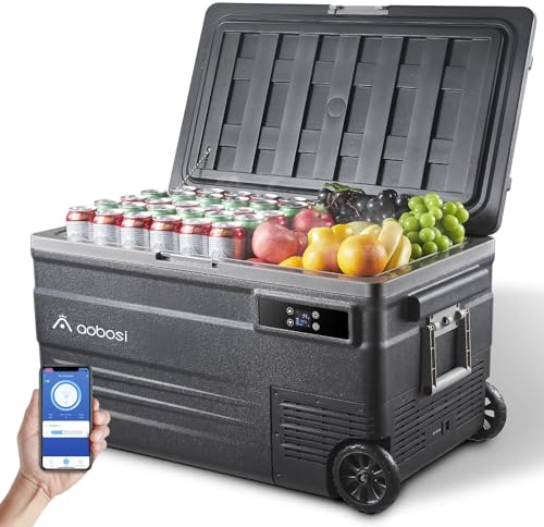AAOBOSI 74L Kompressor Kühlbox, Camping Kühlschrank mit APP, LED-Beleuchtung, -20°C bis 20°C, 12/24V und 100-240V, Kühlbox Kompressor mit Rädern, für Auto, Buggy, LKW, Boot, Camping und Reisen