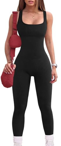 MAYROUND Gym Jumpsuit for Women One Piece Ribbed Rompers Sleeveless Bodycon Sports Leggings Square Neck Tank Top Playsuit(Black,L)