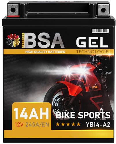 BSA YB14-A2 GEL Motorradbatterie 12V 14Ah 245A/EN Batterie doppelte Lebensdauer entspricht 51412 YB14-B2 YB14A-A2 CB14-A2 FB14-A2 6Y4P auslaufsicher wartungsfrei