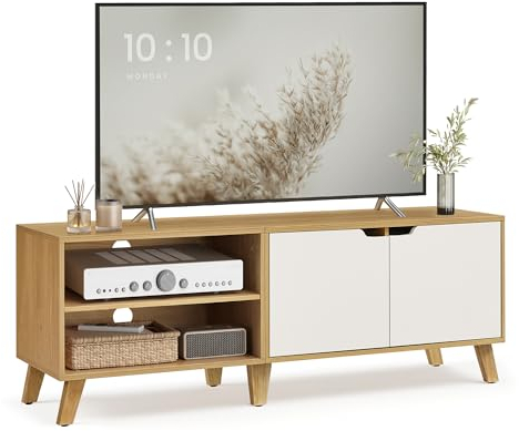 VASAGLE TV-Schrank, Fernsehtisch mit 2 Türen, 140 cm lang, TV-Regal für Fernseher bis zu 60 Zoll, verstellbare Ablagen, für Wohnzimmer, Esszimmer, Schlafzimmer, natureichenfarben-cremeweiß LTV027N01