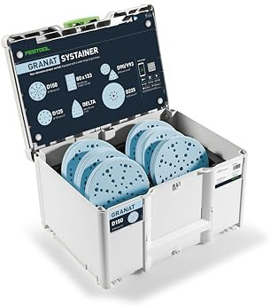 Festool Schleifpapier 150mm Set – Systainer³ Schleifmittel Granat P60–P220, staubarme MULTI-JETSTREAM 2, Zubehör für Exzenterschleifer, perfektes Finish auf Lack & Holz