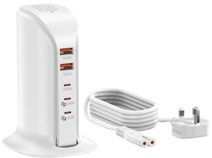 VPSUN USB C Charging Station 35W,6 Port USB Tower Multiport Charger Station for iPhone,Samsung, iPad, Google Pixel and Multiple Devices(White)