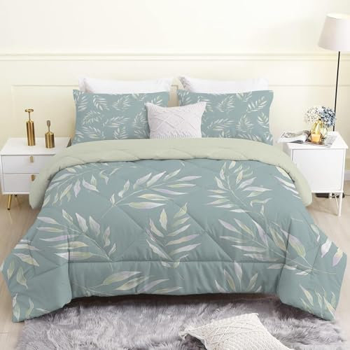 Bettdecke 155x220 4 Jahreszeiten, Salbeigrüne Blätter Wende Steppdecke 155x200 Ganzjahresdecke Bettdecken, Pflanzenmuster Schlafdecke Waschbar Zudecke Vierjahreszeiten mit 2 Kissenbezug 80x80cm