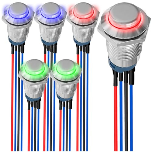 MKBKLLJY 6 st. 12 mm momentan LED-tryckbrytare röd/blå/grön med silverhölje DC 12V 3A 4Pin 1NO SPST IP65 vattentät rund metallomkopplare rostfritt stål frontledningsbrytare