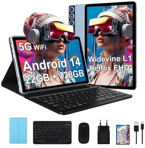 ZIOVO Android 14 Tablette 10 Pouces, 22GoRAM+128Go ROM (1To TF),Widevine L1/Octa-Core/2.0GHz/5G WiFi/8000mAh/BT 5.0/5+8MP/Coque Métallique/Tablette Tactile avec Clavier et Souris-Bleu