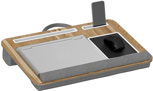 HOMCOM Cuscino per Laptop da 15.6 con Tappetino Mouse e Poggia Polsi, Supporto PC Portatile con Maniglia e Slot per Tablet e Smartphone, Rovere