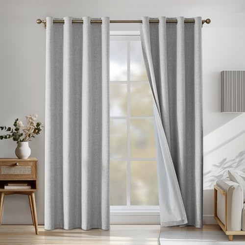 CYCMACO 100% Cortinas Opacas 2 Piezas, 140x245cm, Cortina Opaca Termica Aislante, Lino Cortinas Acusticas Antiruido, Cortina Salon Modernas con Ojales, para Habitacion Comedor, Gris Blanca