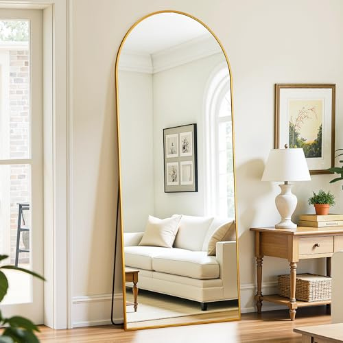 LadyNow Full Length Mirror, 59x18 Oversized Floor Mirror Freestanding, Full Body Mirror Floor Standing Mirrors with Stand, Hanging Mounted Mirrors for Bedroom Living Room, Gold, Arched Style