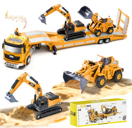 LTFIOON Chantier Jouet Enfants, Camion Transporteur de Petites Voitures avec Excavatrice Bulldozer, Transporteur Véhicule, Camion Dépanneuse Enfant, Jeux Voiture Garçon pour Garçon 3 4 5 6 7 Ans