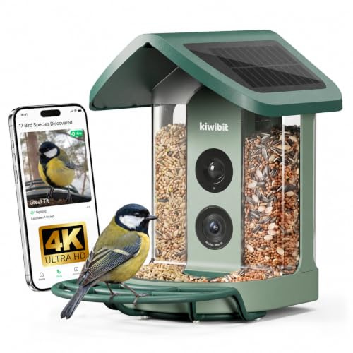 Kiwibit Solar Smart 4K AI Bird Feeder Camera, Weatherproof Outdoor | 4K Live Stream, AI Bird ID 10,000+, 8MP Photos, Visit Alerts, Two-Way Audio, Built-in Solar Roof, Gift for Bird Lovers