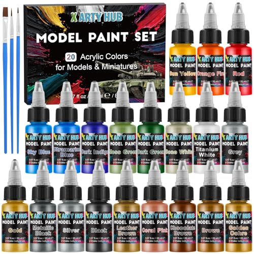 X ARTY HUB Model Paint Set - 20 Colours with 3 Brushes, Miniature Paints (Base/Skin Tones/Shadows/Metallics) for Airbrushing & Hand Painting, Acrylic paint for Models, Miniatures & Wargaming Props