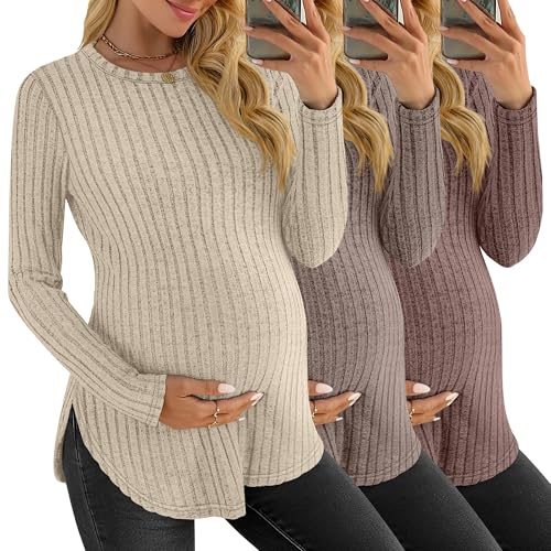 JoyMotion 3 Pack Women's Maternity Shirts, Ribbed Long Sleeve Pregnancy Sweaters Curved Hem Split Side Crew Neck Tunic Tops(Apricot, Coffee, Brown,Medium)