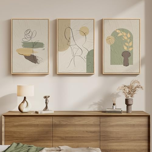 Framed Abstract Boho Wall Art Set of 3, Large Modern Neutral Canvas Prints Paintings, Minimalist Line Face Botanical Picture Artwork Decor for Living Room Bedroom Hallway 16x24 Inch