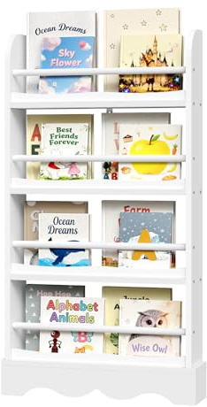 WOLTU Libreria Montessoriana per Bambini, Scaffale Porta Libri Salvaspazio a 4 Ripiani, Piccola Libreria a Muro in Legno, per Cameretta, Stanza dei Giochi, 60x12x108cm