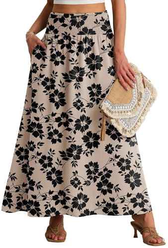 QIXING Maxi Skirts for Women Smocked Elastic High Waisted Casual Boho Swing Pleated Beach Long Skirts with Pockets(Khaki Black Flower, L)