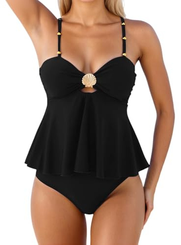 Dambikini, tankini-set, enfärgad, tvådelad strandbaddräkt med höga skurna trosor, Rashguard-topp för sommarsemester vid havet, svart, L