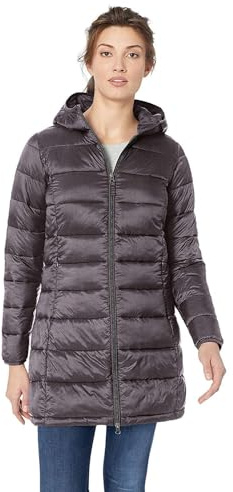 Amazon Essentials Piumino Lungo con Cappuccio Ripiegabile, Leggero e Impermeabile (Disponibile in Taglie Forti) Donna, Carbone Puntinato, XL