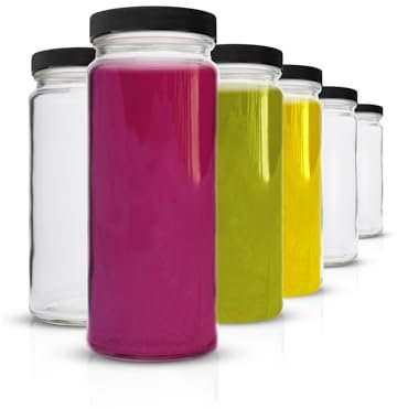 All About Juicing Juego de 6 botellas de agua de vidrio transparente, boca ancha con tapas para jugos, batidos, almacenamiento de bebidas, 16 onzas, duraderas, reutilizables, aptas para lavavajillas