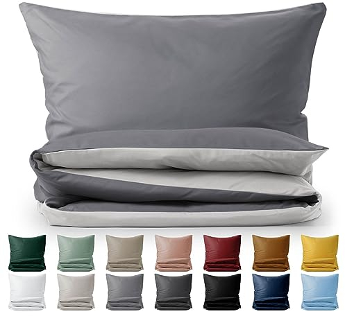 Blumtal Premium Extra Weiche Winter Bettwäsche Wendedesign 140x200 cm & Kissenbezug 40x80 cm - Bettbezüge Mikrofaser, 2 teilig, Moonlight grey - Grau / Grau