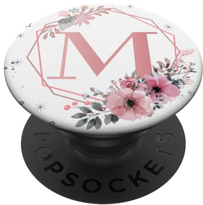 Rosa Blumen mit Buchstabe M Geschenk Initial M PopSockets PopGrip: Ausziehbarer Sockel und Griff für Handys/Tablets mit Tauschbarem Top PopSockets Klebender PopGrip