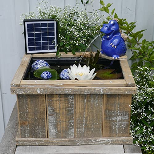 Miniteich Set - Holzkiste Wasserspeier Drache mit Solarpumpe und Schwimmkugeln aus Keramik