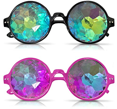 SOL 2pk Kaleidoscope Glasses For Rave Party Festivals. Durable Lenses for Funk Nights, Cosplay, Disco, Retro, Costumes, Light Shows, EDM, Carnivals & Street Events. Rainbow Prism Diffraction Goggles.