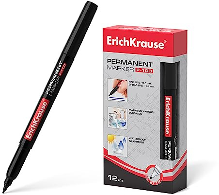 Erich Krause Permanent Marker P-100 wasserfest 0,5-1,2mm schwarz 12 Stück - Fineliner zum Schreiben und Markieren - Beschriftungsstift für Karton Glas Kunststoff Porzellan Keramik Holz