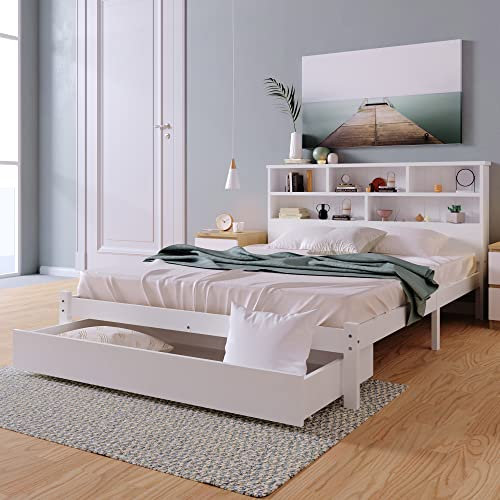 Träsäng 140 x 200 cm med lådor och ribbotten, dubbelsäng i massivt trä med bokhylla, sängram, sängram, ungdomssäng, barnsäng, gästsäng, för ungdomar och vuxna, vit
