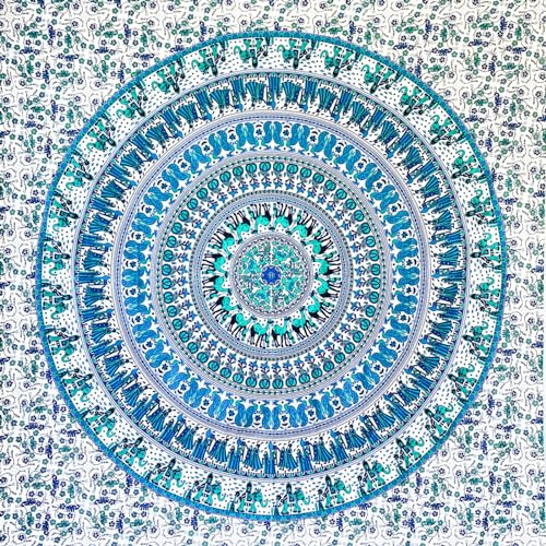 MOMOMUS Tapiz Mandala para la Pared - Arte Mural Indio en Tela - Ideal como Tapiz de Pared o Tapiz Decorativo de Pared - Blanco-Azul, 135 x 210 cm