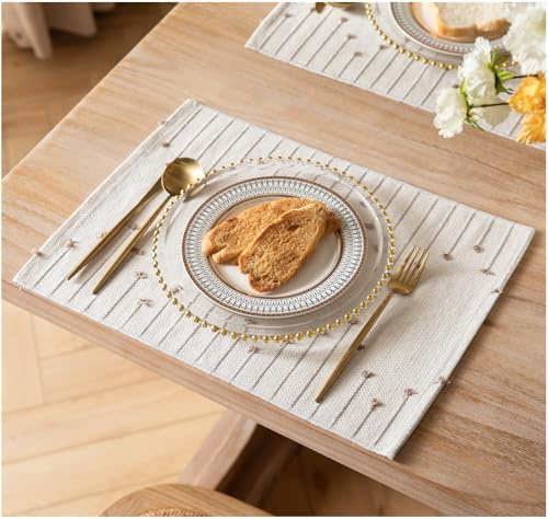 Placemats Set of 6 for Dining Table Décor, Woven Cloth Place Mats for Farmhouse Kitchen Tabletop, Handcrafted Machine Washable Cotton Table mats 13 x 19 Inch, Taupe and Beige