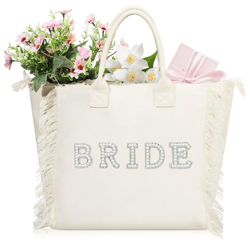 Huhumy Bride Beach Gifts Tote Bag Wedding Large Bridal Shower Gift Pearl Rhinestone Tote Bag for Engagement Bachelorette(Bride)