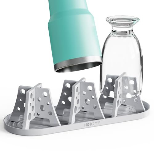 NiHome Flaschenabtropfgestell, 3er Set Silikon Flaschenhalter mit Abtropfschale, Flaschen Trockenständer für Stanley Becher, Owala Sportflaschen, Babyflaschen, Thermoskannen, Weingläser (Grau)