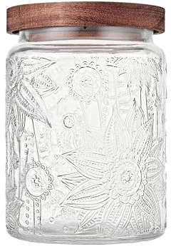 Custde 23.7 fl oz Vintage Glass Jar with Wooden Lid, Airtight Decorative Food Storage Canisters for Kitchen Counter & Pantry, Ideal for Candy, Sugar, Coffee,salt, Tea, Cereal, Flour, Oats