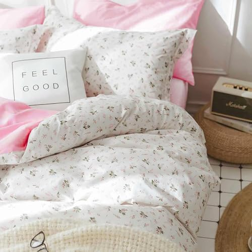 7 st full storlek täcke set med lakan, rosa vit blommönster tryckt dekorativ vändbara sängset – 80 x 90 mjukt mikrofiber blomma täcke stuga vintage sängkläder i en väska för kvinnor flickor